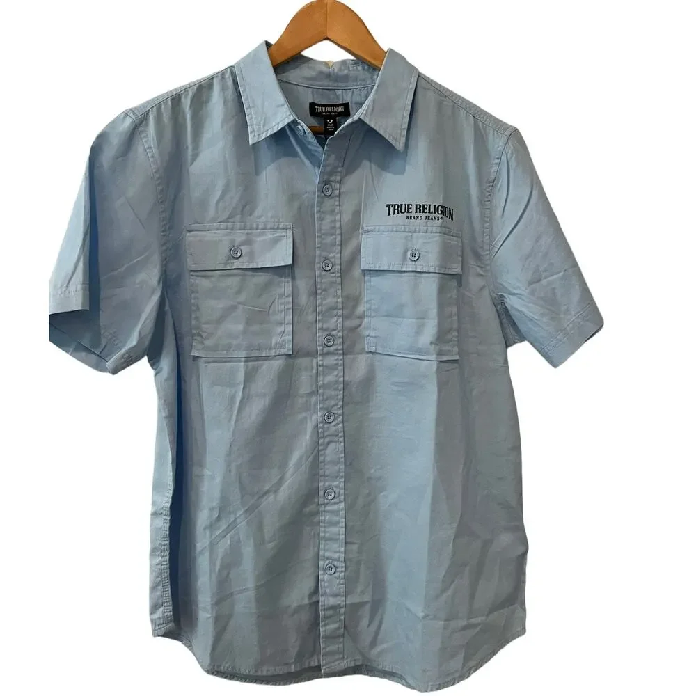 True Religion Utility Button Down Short Sleeve Shirt Light Blue M